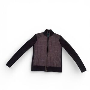LRL Ralph Lauren Medium Zip Up Brown Long Sleeve Houndstooth Ribbed Sweater